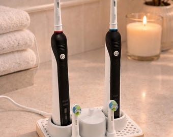 Soporte minimalista para cepillos de dientes Oral-B con base de carga, organizador de baño impreso en 3D, soporte doble para cepillos de dientes eléctricos. Material de origen vegetal.