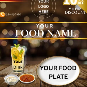 Könnte beinhalten: Restaurant-Menüdesign mit einem Gold- und Braunschema. Das Menü enthält Platzhalter für ein Logo, den Namen des Essens und den Teller. Ein erfrischendes Getränk mit Zitronenscheiben und Minze wird zusammen mit kleinen Schalen mit Saucen präsentiert.