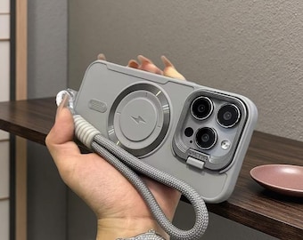 Flip-Up Lens Holder Magnetic Case for 16 15 14 13 12 11 Pro Max 17 Plus Nylon Wristband Lanyard Soft Cover