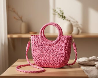 Handwoven Straw Half-Moon Handbag, Large Capacity Summer Crossbody Bag, Hollow Out Rattan Shoulder Bag for Women