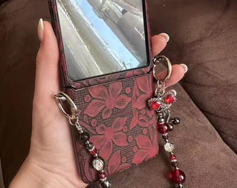 Dark Red Flower Crystal Bow Case for Samsung Galaxy Z Flip Bracelet Phone Cover