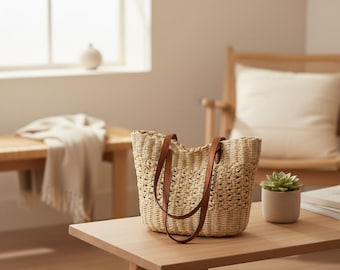 Rattan Wicker Tote Bag Woven Straw Shoulder Bag for Women Summer Beach Travel Basket Purse