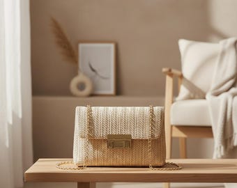 Woven Straw Shoulder Bag, Handwoven Women’s Crossbody Purse, Fashion Solid Color Tote with Lock Closure