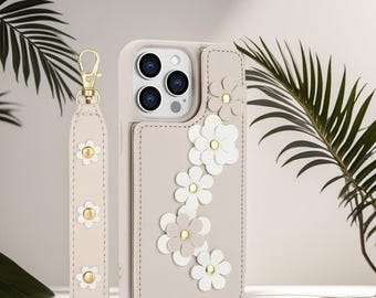 Crossbody Wrist Strap Flower iPhone Case 15 14 13 12 11 Pro Max Wallet Cover
