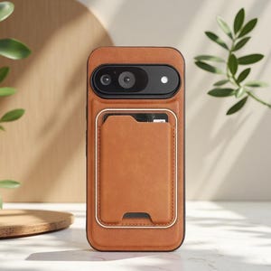 May include: A brown leather phone case with a cardholder. The case features a black camera module and a gold-coloured border around the cardholder. The phone case is designed to protect the phone and hold cards.