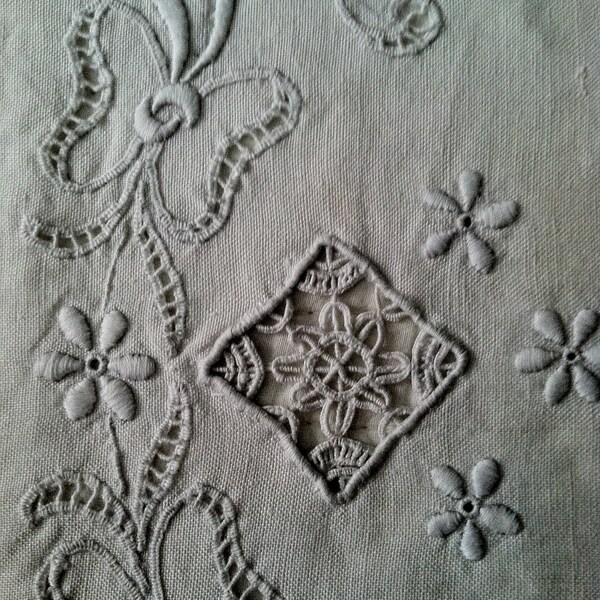 French Antique Pure Linen Tablecloth with Reticella Inserts and Embroidery