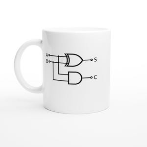 May include: White ceramic mug featuring a black circuit diagram with the letters A, B, S, and C. The diagram includes logic gates, a design popular with computer science and engineering enthusiasts.