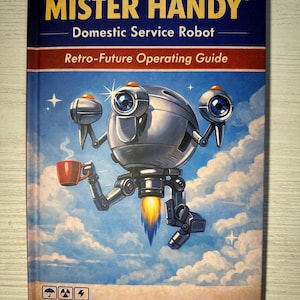 Może przedstawiać: Okładka książki z tytułem "MISTER HANDY" w kolorze żółtym na granatowym tle. Przedstawia retro-futurystycznego robota trzymającego czerwony kubek, z tekstem "Domestic Service Robot" i "Retro-Future Operating Guide".