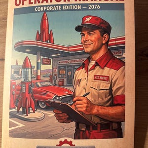 May include: A Red Rocket Station Operator Manual Corporate Edition 2076 booklet featuring an illustration of a service station attendant holding a clipboard in front of a red rocket-themed gas station with a red car and a rocket fuel pump.