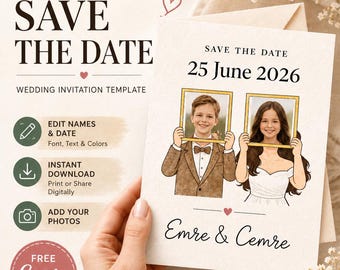 Plantilla de invitación de boda con foto de la infancia, editable en Canva, descarga instantánea.