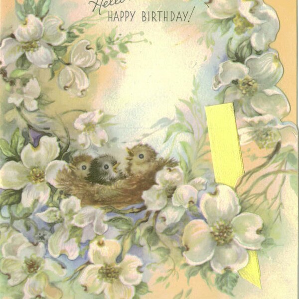 UNUSED Vintage Birthday Card, Birds Nest, Yellow Ribbon