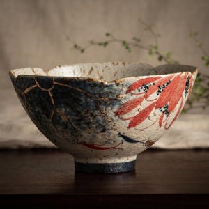 Japanese Ceramic Bowl, Hand Painted Ramen Bowl, Rustic Stoneware Serving Bowl, Artisan Pottery, Kintsugi Style Tableware, Unique Gift