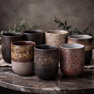 Puede incluir: Una colección de siete tazas de cerámica con texturas y acabados variados. Las tazas presentan tonos tierra que incluyen marrón oscuro, beige moteado, rojo óxido y patrones de bandas horizontales. Cada taza tiene una forma cilíndrica.