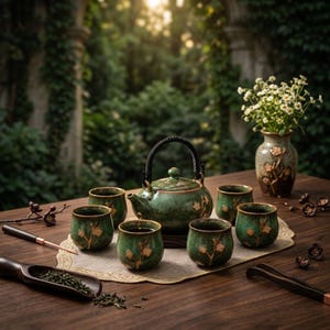 Puede incluir: Un juego de té de cerámica verde que incluye una tetera con asa negra y cinco tazas a juego, todas decoradas con patrones florales en relieve. El conjunto incluye un jarrón a juego con flores blancas, una cuchara de té de madera y pinzas.