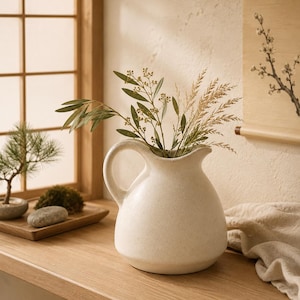 Jarro de cerâmica, vaso Wabi Sabi, decoração rústica de fazenda, decoração Japandi para casa, jarro de cerâmica minimalista, centro de mesa neutro