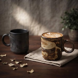 Puede incluir: Dos tazas de cerámica sobre una superficie de madera. Una taza es de color negro mate sólido con un acabado texturizado. La otra presenta un esmalte moteado marrón y crema con un diseño de arte latte en el café, sobre un paño beige doblado.