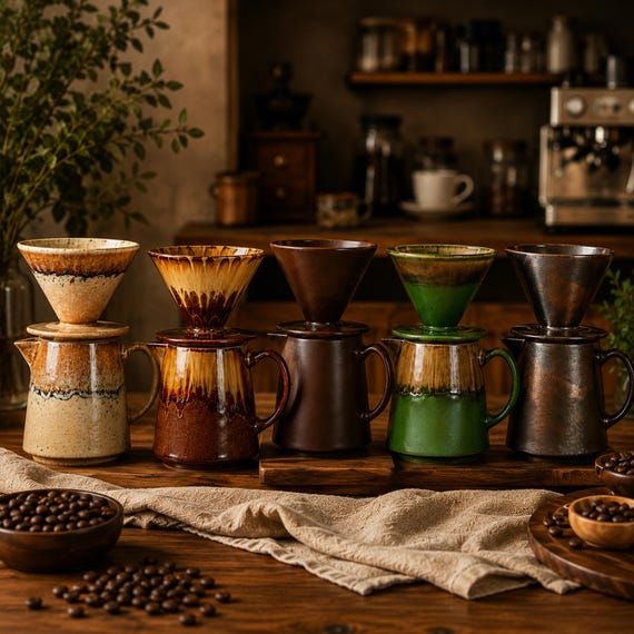 A full handmade pottery pour-over set that turns your morning coffee ritual into something that feels like it belongs in a Japanese craft museum.