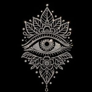 May include: A decorative design composed of clear, reflective rhinestones on a black background. The pattern features a central eye motif surrounded by intricate floral and leaf shapes, with small star-like accents and a teardrop element at the base.