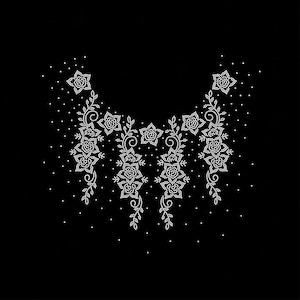 May include: A neckline applique design composed of white rhinestones arranged in a floral pattern with roses, leaves, and swirling vines. The design features scattered rhinestone dots surrounding the central floral motif on a black background.