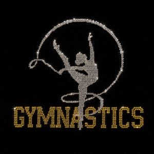 May include: A rhinestone transfer design on a black background featuring a gymnast performing with a ribbon in silver crystals. Below the figure, the word GYMNASTICS is spelled out in gold-colored crystals, creating a sparkling, high-contrast graphic.