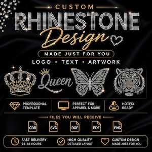 Puede incluir: Un gráfico digital con el texto CUSTOM RHINESTONE DESIGN, MADE JUST FOR YOU, LOGO, TEXT, ARTWORK. Muestra ilustraciones estilo pedrería de una corona, la palabra Queen, una mariposa y una cara de tigre sobre un fondo negro.