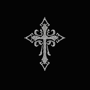 May include: A cross-shaped design composed of numerous small, clear, reflective rhinestones set against a solid black background. The cross features intricate, symmetrical scrollwork patterns extending from the central vertical and horizontal bars.