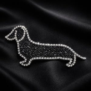 Dachshund Rhinestone Patch, Black Crystal Dog Applique, Iron-On Clothing Decor (10x6 cm)