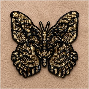 Black & Gold Rhinestone Butterfly Patch, Crystal Applique (Hotfix or Felt)
