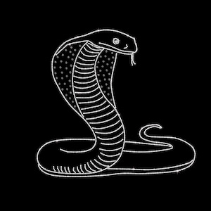 May include: A cobra snake design created with small white rhinestones against a solid black background. The snake is depicted in a coiled, upright position with its hood flared, showing a detailed pattern of dots and lines forming its body.