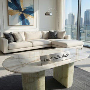 Mesa de comedor ovalada de ónix blanco de lujo, mesa de comedor con base de pedestal de ónix verde, muebles de comedor de piedra natural hechos a mano.