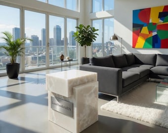 White Onyx Pedestal Plinth, Natural Stone Display Stand, Modern Sculpture Accent