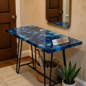 Aqua Blue Agate Epoxy Table Top | Rectangular Console Coffee Table