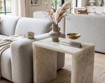 White Onyx Side Table for Living Room, Luxury Natural Stone Accent Table, Handmade Home Decor Furniture, Modern Onyx End Table