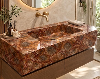 Rustic Red Brown Marble Sink, Luxury Natural Stone Bathroom Vanity Basin with Artistic Earthy Veins