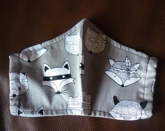 Face Mask. Adult Face Masks. Reusable masks. Non-surgical masks. Easy to wear. 100% cotton. Breathable. Grey foxes