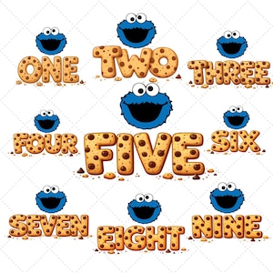 Peut inclure: Une conception fantaisiste présentant les chiffres de un à neuf, chacun conçu pour ressembler à un biscuit aux pépites de chocolat. Chaque chiffre est accompagné d'un personnage de dessin animé bleu avec de grands yeux et une bouche ouverte. Le fond est un motif de losanges blancs.
