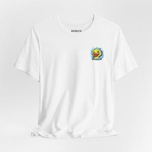 May include: White t-shirt featuring a cartoon duck in blue water. The shirt has a crew neck and short sleeves. The brand name "BEBECK" is printed on the upper back of the shirt.