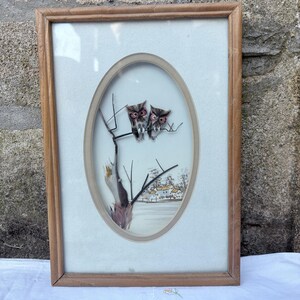 Vintage Owl Diorama Framed Wall Art, Two Feather Owls, Wood  Frame, 1970s Cadre diorama vintage – Paire de hiboux en plumes, années 1970