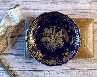 Piatto souvenir in miniatura di Limoges, Parigi, blu cobalto e oro, 11 cm, prodotto in Francia.