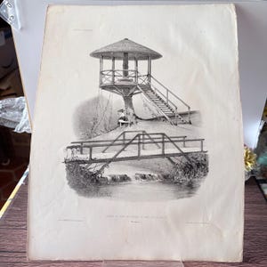 Op de afbeelding: Een zwart-wit vintage prent met een verhoogde houten tuinhuisstructuur gebouwd rond een boomstam, bereikbaar via een trap. Daaronder overspant een houten brug een beekje met een waterval. De tekst luidt: CABANE AU FORT NOUVEAU DU PARC DE LA MOTTE.