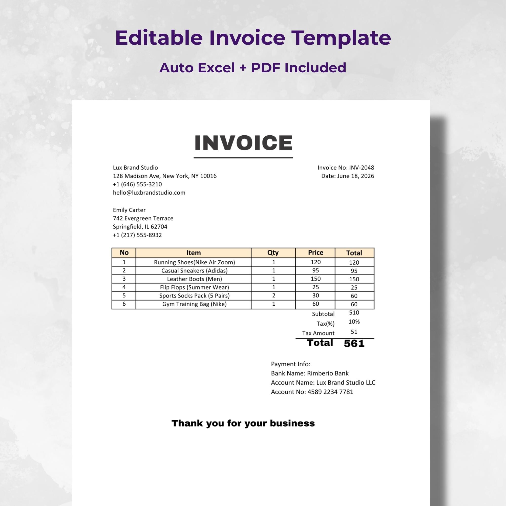 Auto Invoice Template Excel | Editable Billing Sheet | Minimal Beige ...
