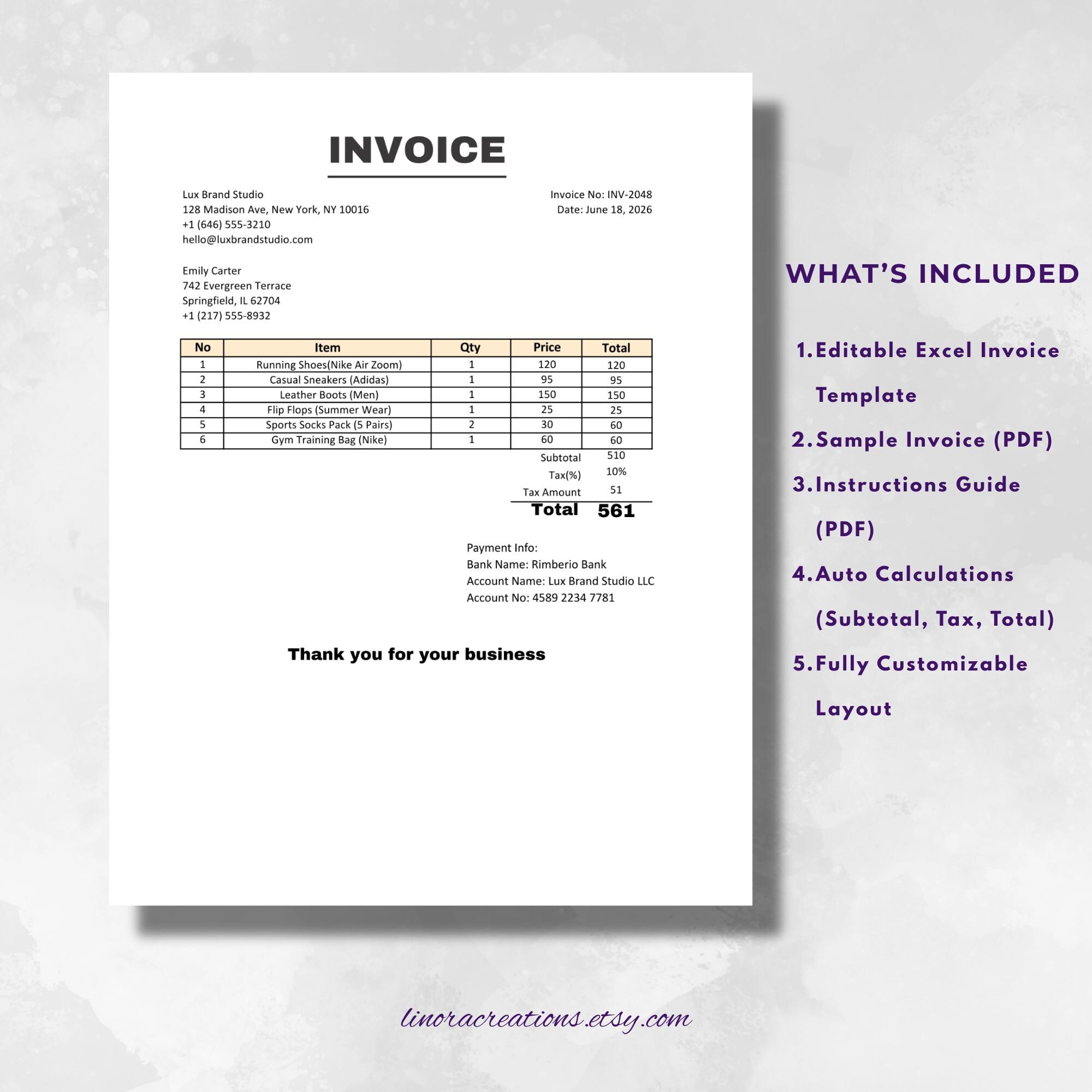 Auto Invoice Template Excel | Editable Billing Sheet | Minimal Beige ...
