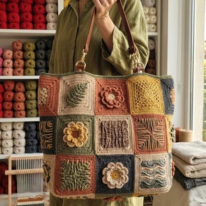 May include: A large tote bag constructed from various crocheted granny squares in earthy tones including rust, olive green, mustard yellow, and cream. The bag features textured floral motifs, leaf patterns, and geometric designs with brown leather straps.