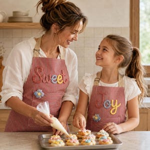 May include: Two matching red and white striped aprons with beige neck straps. One apron features the word Sweet in raised, colourful yarn lettering and a small flower applique. The other apron displays the word Joy in similar yarn lettering.