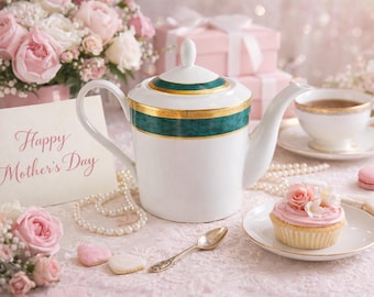 Tetera vintage de porcelana blanca con detalles en verde esmeralda y dorado / Elegante juego de té / Decoración clásica para fiestas de té