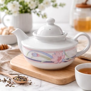Könnte beinhalten: Weiße Keramik-Teekanne mit einem Blumendesign mit rosa und blauen Blumen. Die Teekanne hat einen Deckel mit einem kleinen Knopf und einem gebogenen Griff. Sie steht auf einem Holzbrett, mit einer Tasse Tee in der Nähe.