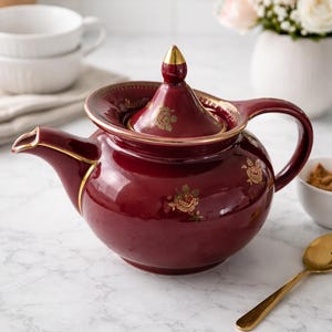 Può includere: Una teiera in ceramica bordeaux con finiture dorate e decorazioni floreali. La teiera ha un corpo arrotondato, un manico curvo e un beccuccio. Il coperchio è sormontato da un pomello dorato. Un cucchiaio dorato è appoggiato sulla superficie di marmo. Servizio da tè.
