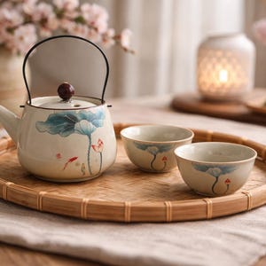 May include: A cream ceramic tea set featuring a teapot and two cups, adorned with blue lotus flowers and red fish. The set rests on a bamboo tray, ideal for serving tea. The teapot has a black handle and a wooden knob.