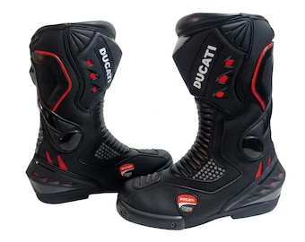 Ducati Motorcycle Racing Boots Leather Riding Shoes | Ducati Motorbike Protective Boots Men Anti-Slip Racing Footwear Track Riding Gear