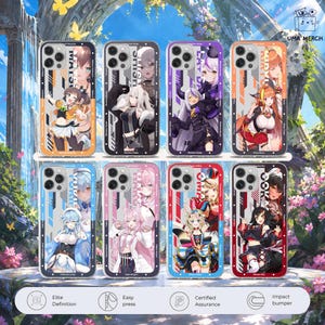 Peut inclure: Huit coques de smartphone disposées sur deux rangées, chacune présentant une illustration de personnage de style anime, du texte vertical et une découpe pour appareil photo. Les coques arborent des coloris orange, noir, violet, bleu, rose, rouge et blanc.